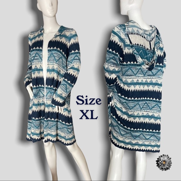 ONE WORLD Sweaters - Long Aztec Southwestern Pattern Hooded Cardigan Sweater Size Extra Large Blue
